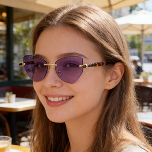 Détail de lunettes de soleil œil-de-chat sans monture avec verres dégradés violets et or