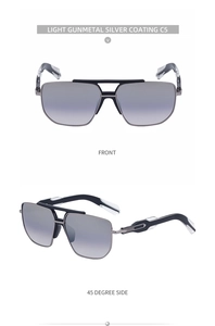 Detail view of square gunmetal sunglasses with silver coating and double bridge design