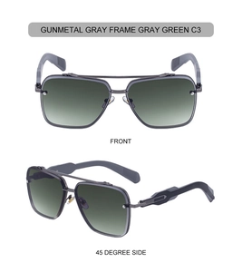 Front and side view of gunmetal gray pilot sunglasses with gray-green gradient lenses