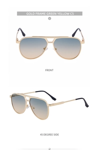 Detailed front and side view of gold pilot sunglasses with green-yellow gradient lenses
