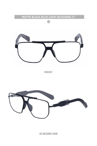 Detail view of matte black aviator frames with blue light blocking lenses and double bridge