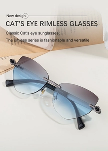 Détail de lunettes de soleil œil-de-chat sans monture avec verres dégradés bleu-gris
