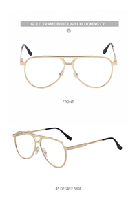 Detailed front and side view of gold metal pilot glasses with blue light blocking lenses