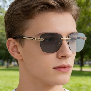 2025 rimless photochromic sunglasses for men with gold metal bridge and wooden texture legs
