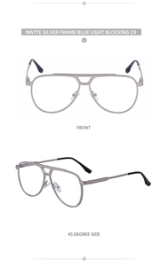 Detail view of matte silver pilot frame with blue light blocking lenses from two angles