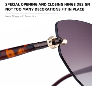 Détail macro de la charnière en métal industriel sur lunettes de soleil œil de chat sans monture