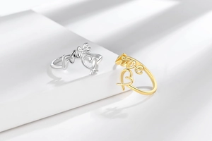 Vue détaillée de bagues cœur en argent et or avec motif Love sur support blanc