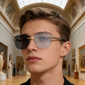 Detail of rimless photochromic sunglasses with golden metal bridge and vintage wood temples