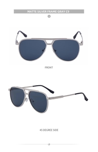 Front and 45-degree side views of matte silver aviator sunglasses with gray lenses