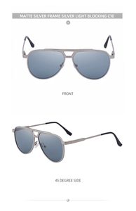 Front and 45-degree side view of matte silver pilot sunglasses with light blocking lenses