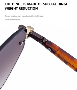 Détail de charnière métallique et branche écaillée sur lunettes œil de chat sans monture