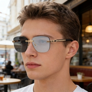 Detail of photochromic rimless sunglasses with gold temples on a male model outdoors