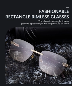 Detail view of rimless rectangle sunglasses with wooden grain temples and metal bridge