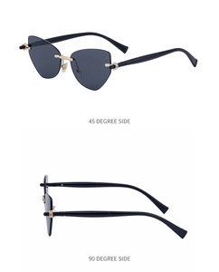 Vue en deux angles de lunettes œil de chat sans monture avec pont en métal doré