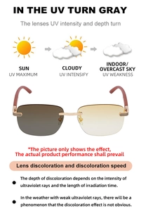 Detail of photochromic rimless sunglasses showing UV light lens color transition and wood temples