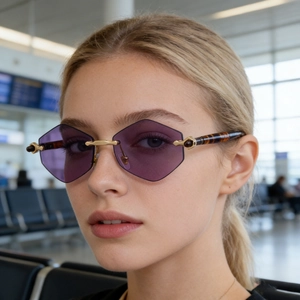 2025 Fashion rimless hexagonal sunglasses with purple lenses and gold metal details