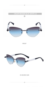 Vue de face et de profil de lunettes de soleil œil-de-chat sans monture avec verres dégradés