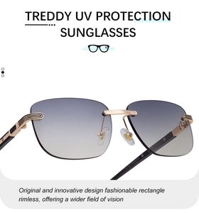 Detail of rimless rectangle sunglasses showing gold striped metal temples and gradient lens