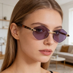 Trendy Women Rimless Hexagonal Sunglasses UV400 Gradient Lens Vintage Metal Frame Eyewear For Outdoor Street Beat Party