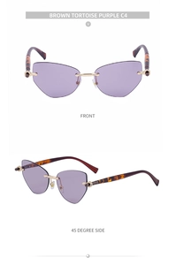 Vue avant et latérale de lunettes de soleil œil de chat sans monture écaille et violet