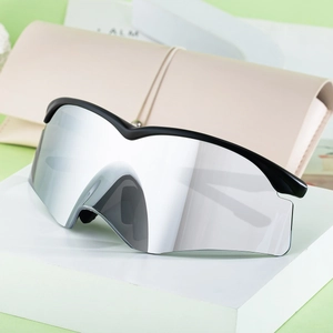 Black half-frame cycling sunglasses with silver mirrored lenses and beige leather case