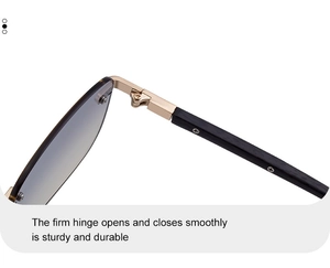 Detailed close-up of sturdy gold metal hinge and wooden temple on rimless sunglasses
