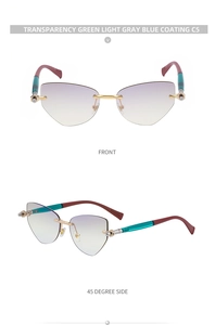 Vues de face et de côté de lunettes œil de chat sans monture avec verres dégradés violets