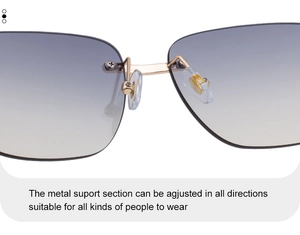 Close-up of adjustable metal nose pads and bridge on rimless wood-grain sunglasses
