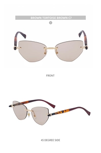 Vue détaillée de lunettes de soleil œil de chat sans monture marron et branches écaillées