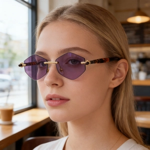 Model wearing rimless hexagonal purple sunglasses with gold metal bridge and tortoiseshell temples