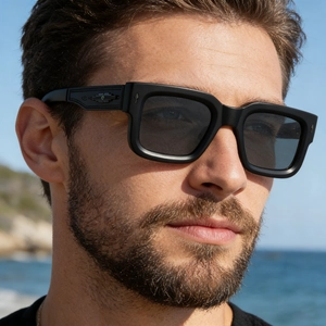 Détail de lunettes de soleil carrées noires avec branches gravées et une pierre verte