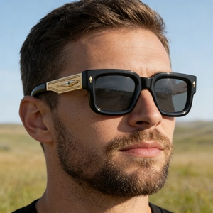 Détail de lunettes de soleil carrées avec branche dorée gravée et pierre précieuse verte