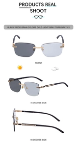 Three-angle view of rimless photochromic sunglasses with black wood grain temples and metal hinge