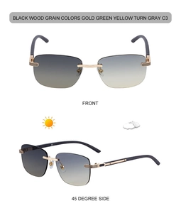 Detail of rimless photochromic sunglasses with wood grain temples and gold metal bridge