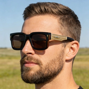 Lunettes de Soleil Polarisées Carrées Rétro pour Hommes Branches en Métal Gravé Luxe Rivets en Flèche Protection UV400 Lunettes Carrées Hommes