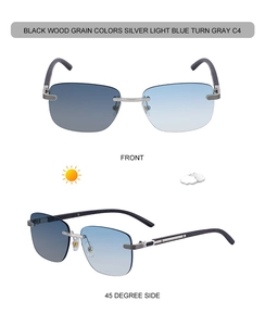 Detail of rimless photochromic sunglasses with light blue lenses and wood grain temples