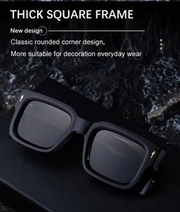 Detailed close-up of thick square sunglasses with golden arrow metal rivets on frame