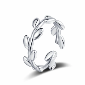 Anello ramo d'ulivo regolabile in finitura argento con design a foglia naturale da donna