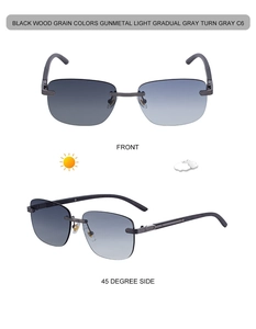 Detail of rimless photochromic sunglasses with gunmetal bridge and black wood grain temples