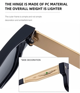 Detail of square sunglasses showing reinforced gold hinges and vintage green stone accents