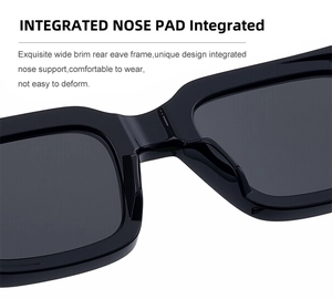 Macro detail of high-gloss square sunglasses showing integrated nose pads for comfort