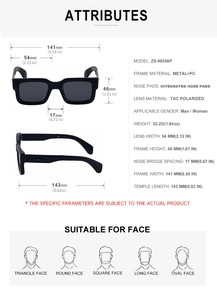 Détails de lunettes de soleil carrées polarisées avec monture métal PC et mesures
