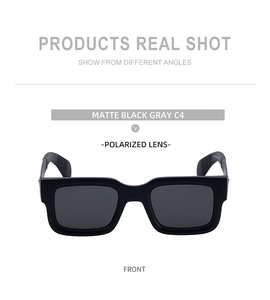 Vue de face de lunettes de soleil carrées polarisées noir mat avec verres gris et détail