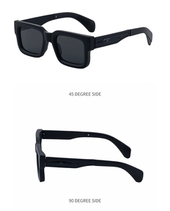 Detail view of matte black square sunglasses with geometric patterns on the side temples