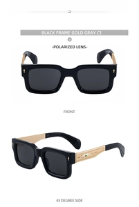Détail de lunettes de soleil polarisées carrées avec clous fléchés dorés et branches