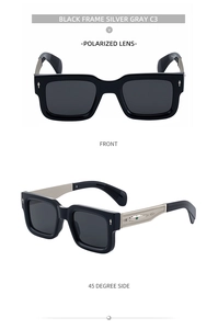 Détails de lunettes de soleil carrées polarisées avec monture C3 noire et décor pierre