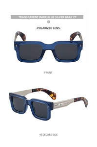 Détail de lunettes de soleil polarisées avec branches gravées argentées et monture bleue