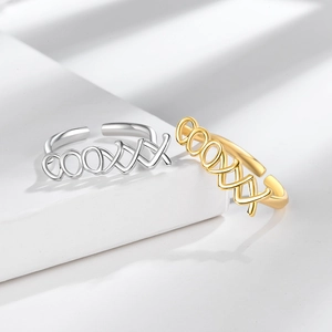 Minimalist geometric XO design adjustable open rings in polished silver and brushed gold