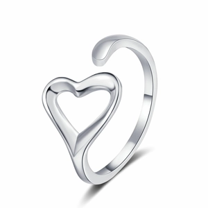 Polished silver heart-shaped open ring with minimalist adjustable band for women