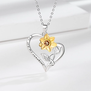 Heart Necklace With Sunflower Pendant Engraved You Are My Sunshine Copper Double Layered Jewelry For Women